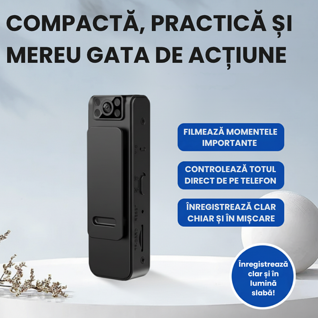 Mini Camera Video Actiune 2K | Stabilizare 5 Axe | WiFi Control Aplicatie | Obiectiv Rotativ 180° | Compacta Portabila
