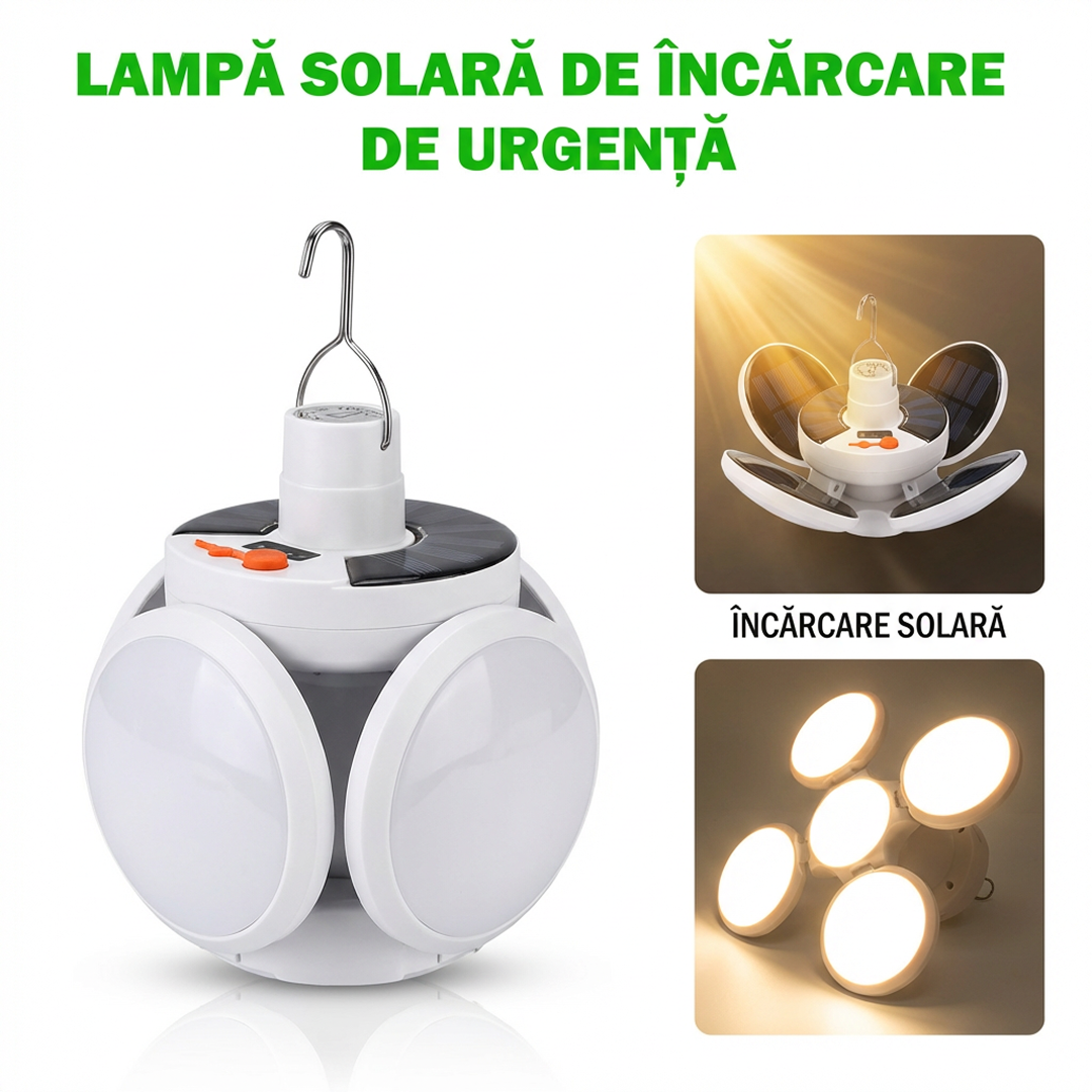 PROMO 1+1 Gratis Bec Solar Pliabil Tip Minge | 45 LED | 5 Moduri Iluminare | IP65 | Camping Exterior