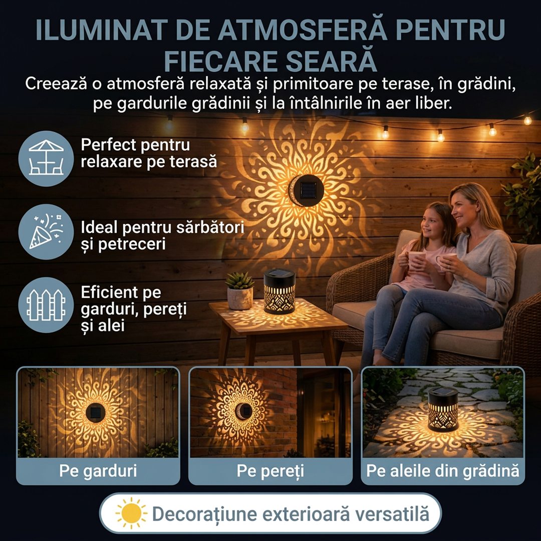 Lampa Solara de Perete cu Proiectie Mandala | LED Alb Cald | IP65 | 0.5W | 600mAh | Metal | 8.4x8.4x8.6 cm