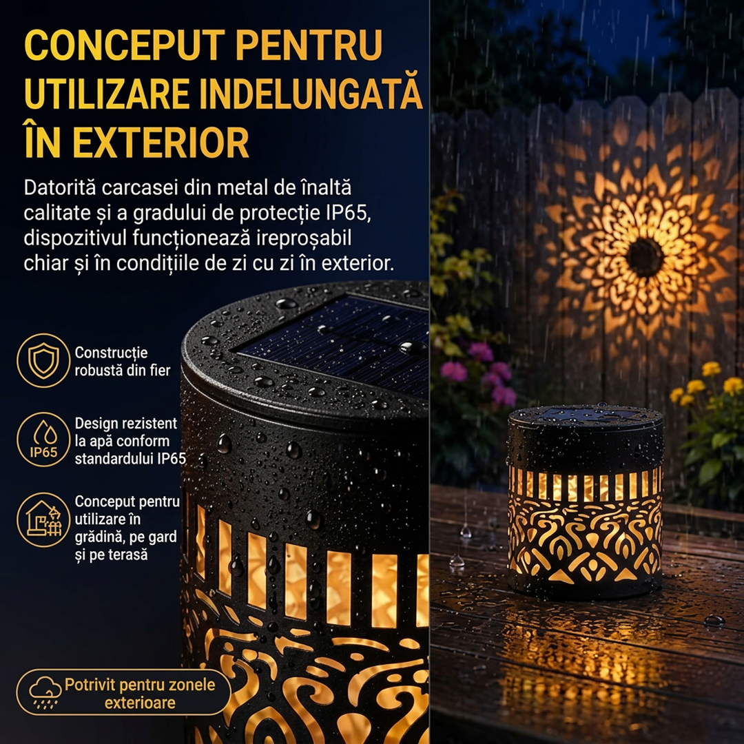 Lampa Solara de Perete cu Proiectie Mandala | LED Alb Cald | IP65 | 0.5W | 600mAh | Metal | 8.4x8.4x8.6 cm