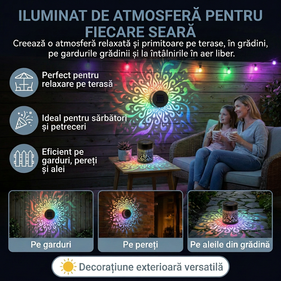 Lampa Solara de Perete cu Proiectie Mandala | LED Multicolor Curcubeu | IP65 | 0.5W | 600mAh | Metal | 8.4x8.4x8.6 cm