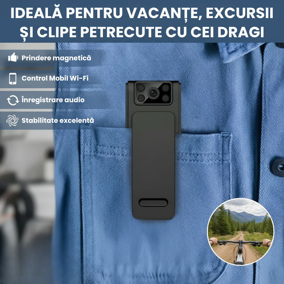 Mini Camera Video Actiune 2K | Stabilizare 5 Axe | WiFi Control Aplicatie | Obiectiv Rotativ 180° | Compacta Portabila