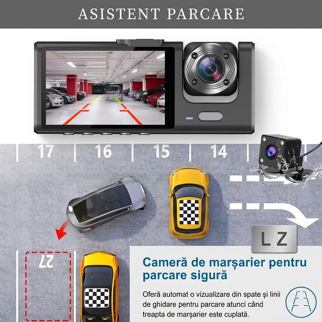 Camera Auto Tripla | 3 Camere Fata Spate Interior | Ecran 2" | G-Sensor | Unghi 170° | Monitorizare Parcare