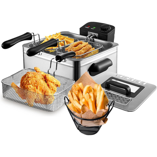 Friteuza Electrica Cu Ulei 5.5L | 2000W | Termostat Reglabil 0-190°C | Incalzire Rapida | Otel Inoxidabil | Argintiu