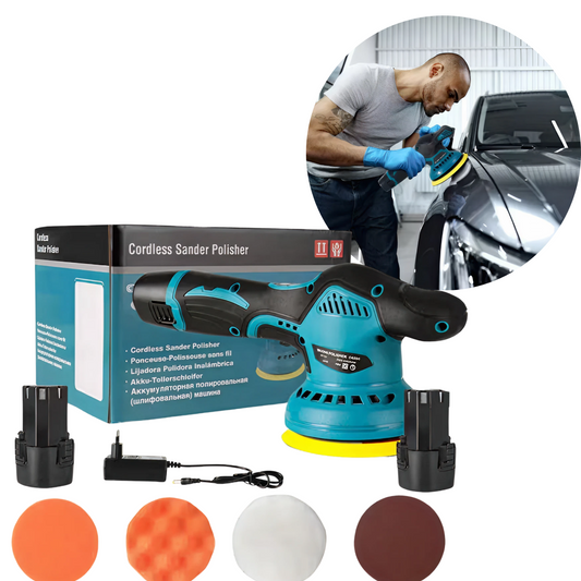 Aparat Polish Auto 12V | 2 Acumulatori | 2500-5000 RPM | 8 Viteze | Fara Fir | 27.5x11.5x12 cm | Negru-Albastru
