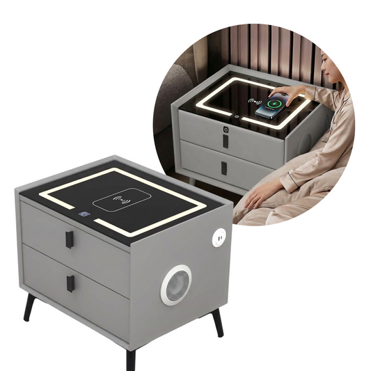 Noptiera Inteligenta Multifunctionala 50x40x45 cm | 2 Sertare | LED 3 Culori | Incarcare Wireless + USB | Difuzor Bluetooth | Gri Deschis