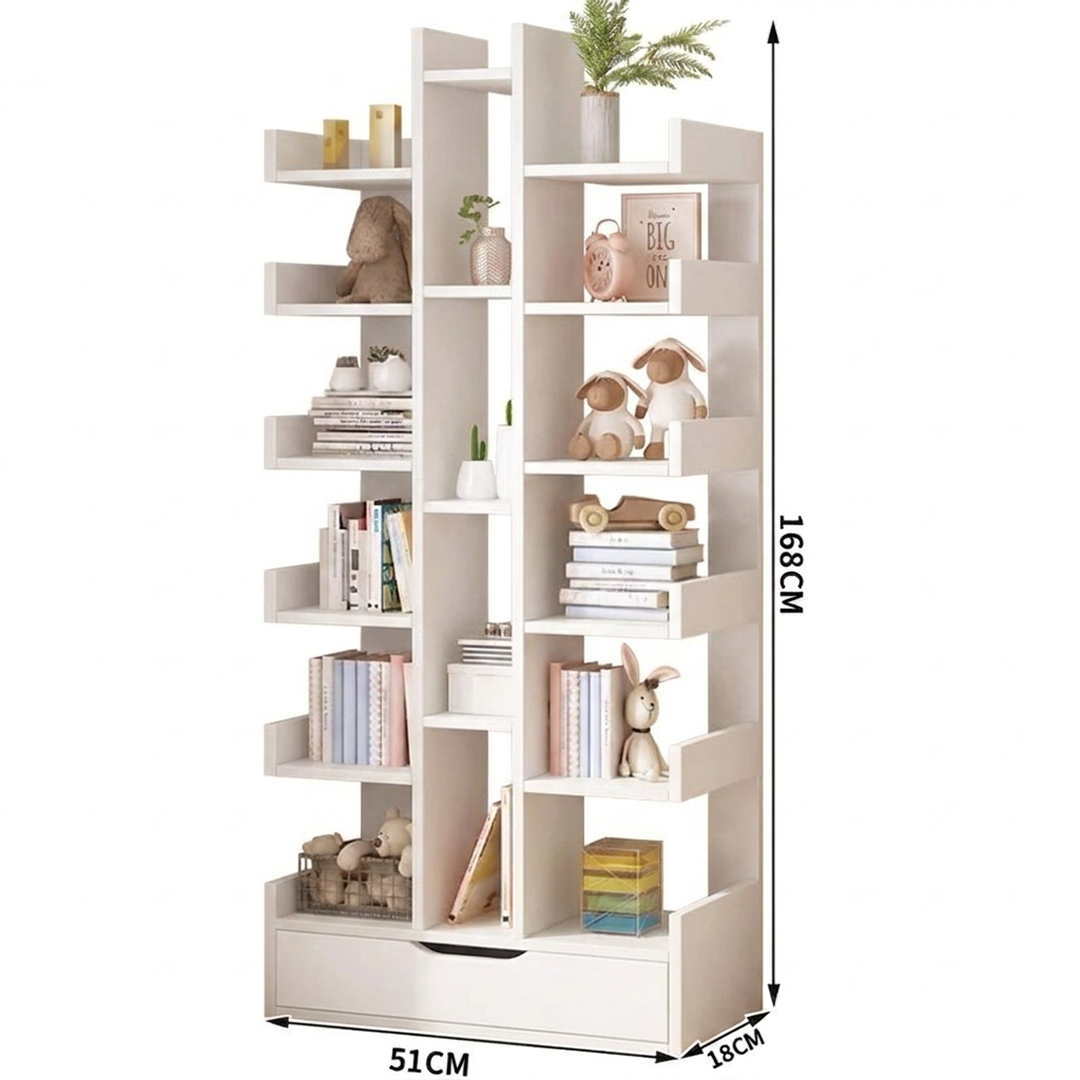 Biblioteca Moderna cu 18 Rafturi si Sertar | Design Tip Copac | MDF | 51x18x168 cm
