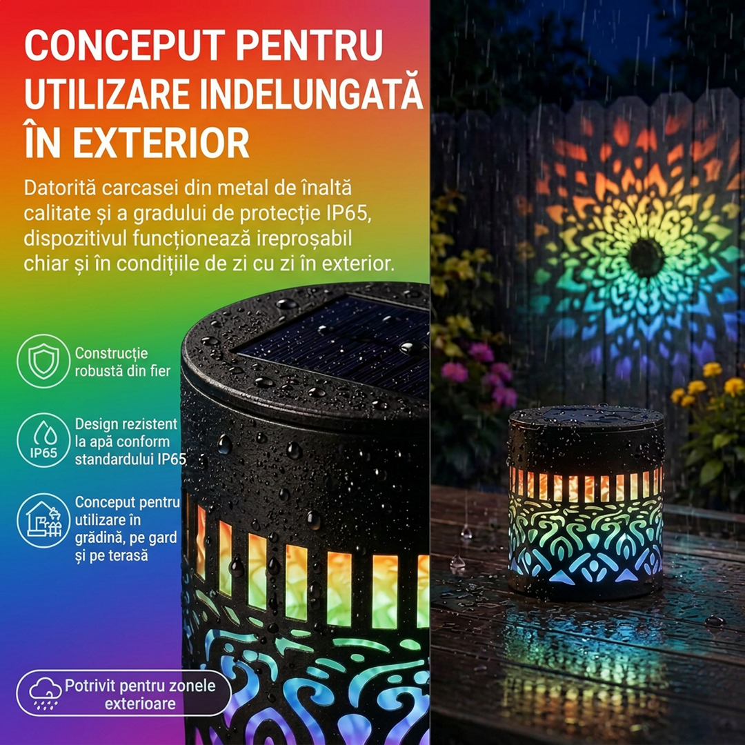 Lampa Solara de Perete cu Proiectie Mandala | LED Multicolor Curcubeu | IP65 | 0.5W | 600mAh | Metal | 8.4x8.4x8.6 cm