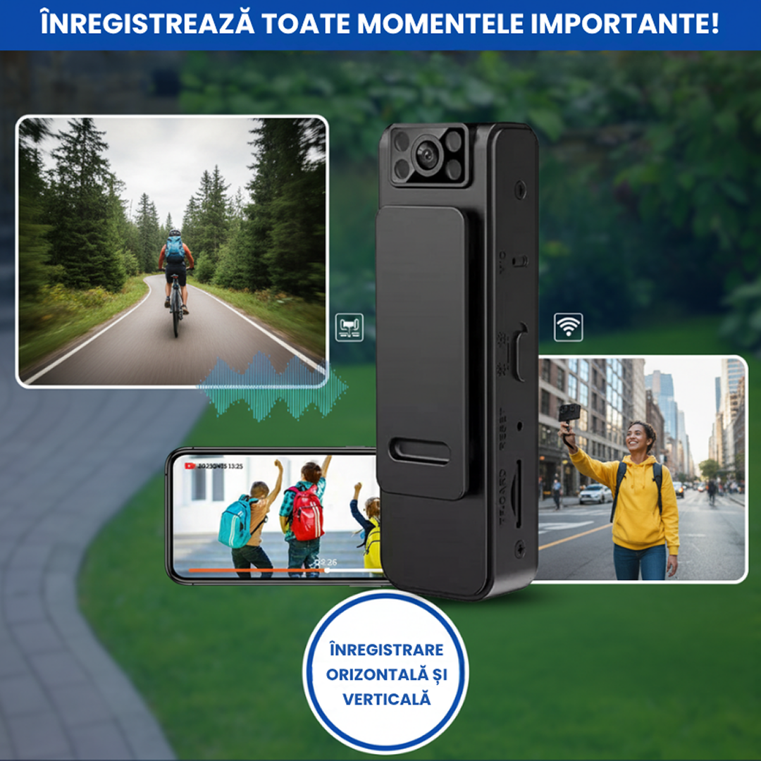 Mini Camera Video Actiune 2K | Stabilizare 5 Axe | WiFi Control Aplicatie | Obiectiv Rotativ 180° | Compacta Portabila