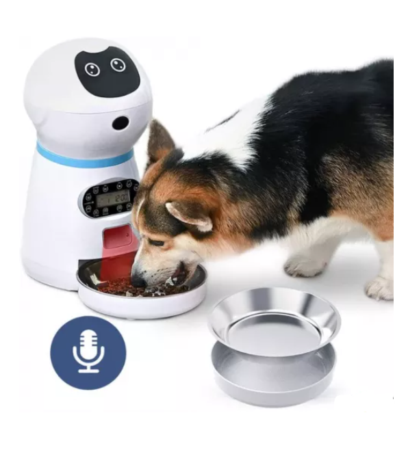 Dispenser hrana automat pentru caini si pisici bol inox inregistrare voce memorie 4 mese infrarosu