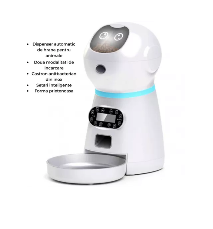 Dispenser hrana automat pentru caini si pisici bol inox inregistrare voce memorie 4 mese infrarosu