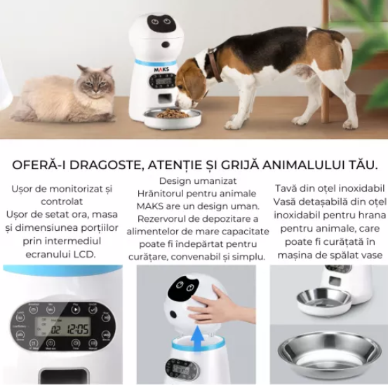 Dispenser hrana automat pentru caini si pisici bol inox inregistrare voce memorie 4 mese infrarosu
