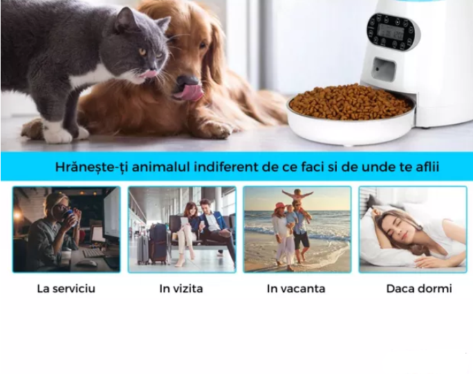 Dispenser hrana automat pentru caini si pisici bol inox inregistrare voce memorie 4 mese infrarosu