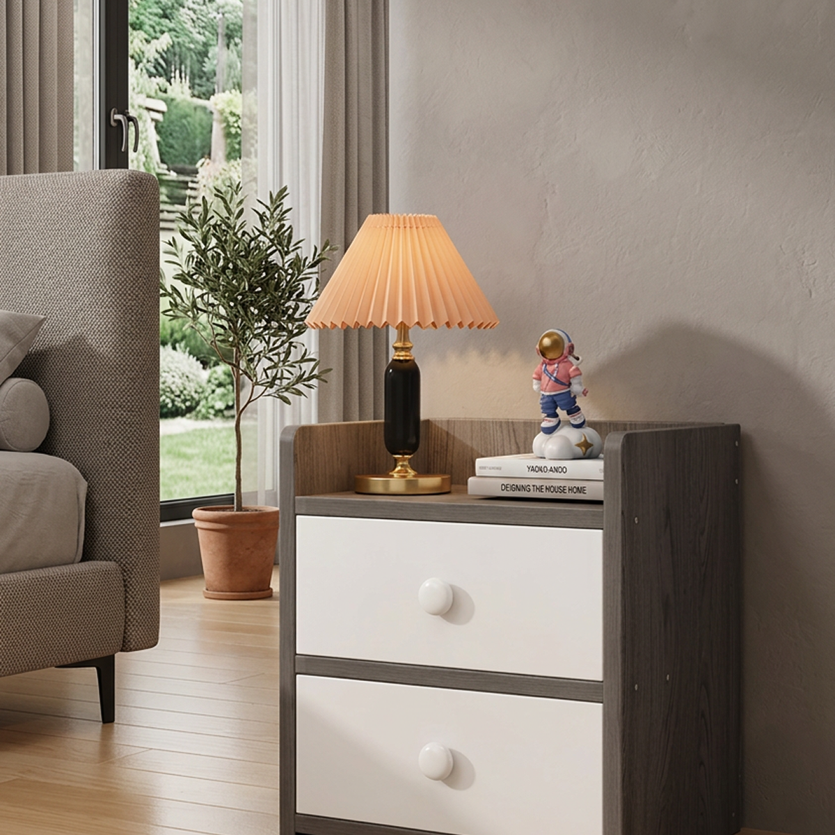 Noptiera Moderna cu 2 Sertare | Design Gri cu Sertare Albe | Compacta | 40x26x32 cm