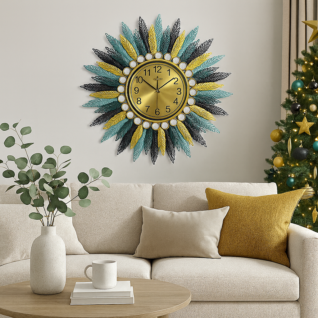Ceas de Perete Decorativ 73 cm, Design Floare, Metal Auriu Multicolor, Mecanism Quartz