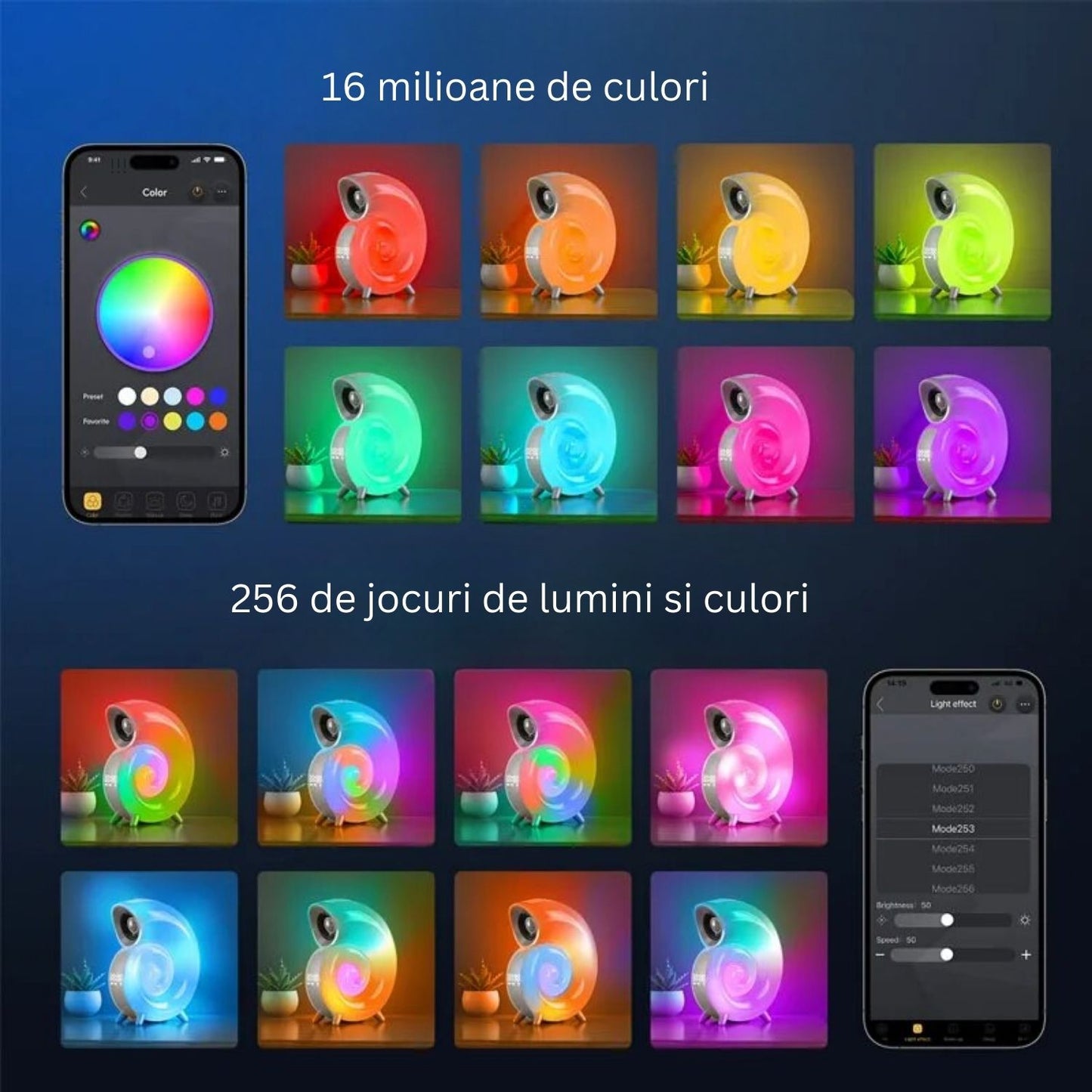 Ceas Cu Alarma Si Boxa Wireless In Forma De Melc | Lampa RGB LED Cu 256 Culori, Bluetooth Si Baterie 2000mAh