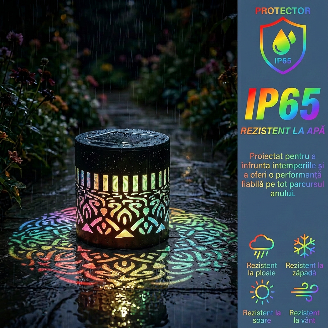 Lampa Solara de Perete cu Proiectie Mandala | LED Multicolor Curcubeu | IP65 | 0.5W | 600mAh | Metal | 8.4x8.4x8.6 cm