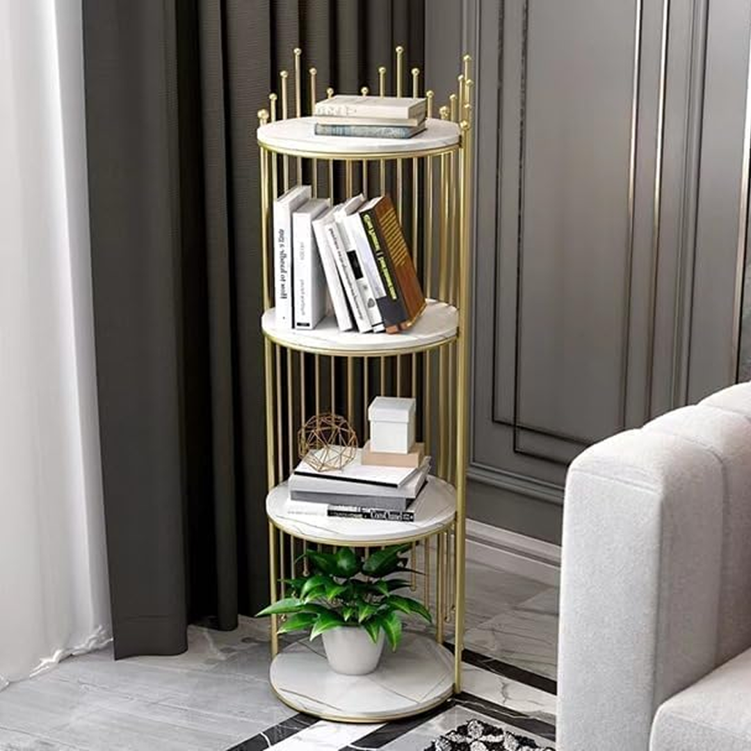 Etajera de Colt cu 4 Niveluri | Cadru Metal Auriu | Rafturi Aspect Marmura | Freestanding | 32x32x95cm | Living Dormitor Birou