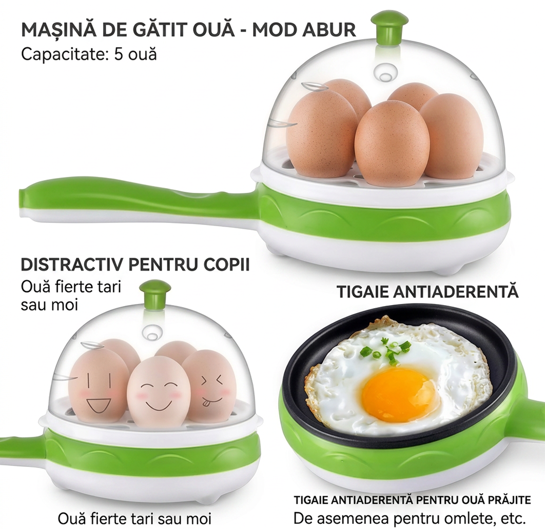 Mini Tigaie Electrica Multifunctionala cu Fierbator pentru Oua | 350W | 15 cm | Temperatura Reglabila | Invelis Antiaderent