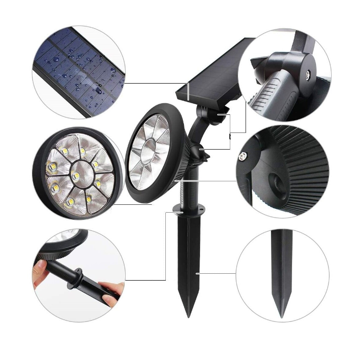 Set 2 Spoturi Solare de Grădină cu 9 LED, Lumină Albă sau 7 Culori, IP65, Montaj în Pământ