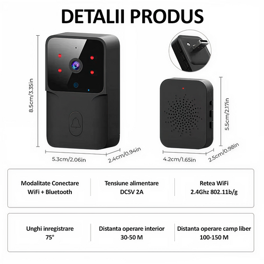 Sonerie Video Wireless 1080P | Control Prin Aplicatie | Viziune Nocturna HD | WiFi 2.4GHz | Neagra