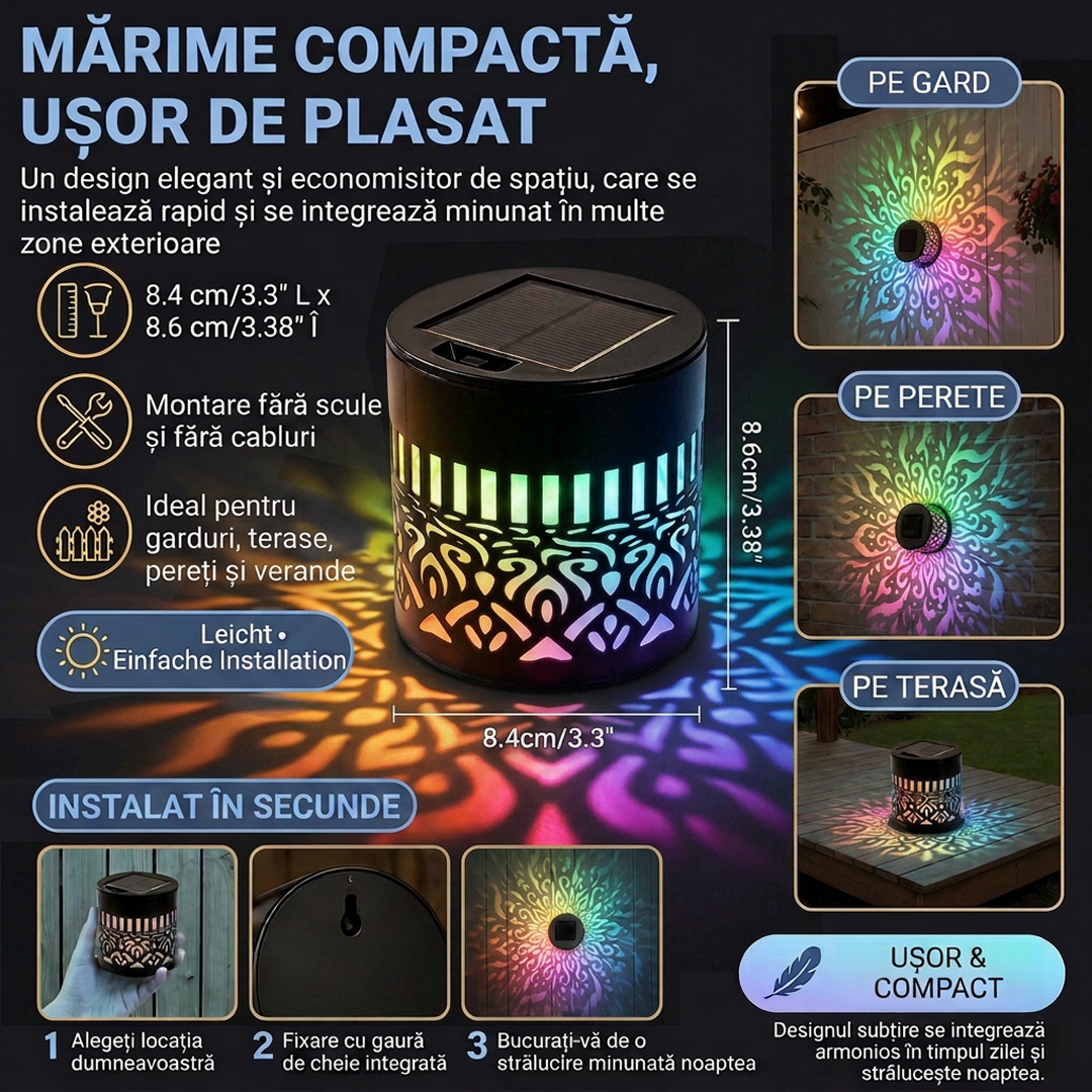 Lampa Solara de Perete cu Proiectie Mandala | LED Multicolor Curcubeu | IP65 | 0.5W | 600mAh | Metal | 8.4x8.4x8.6 cm