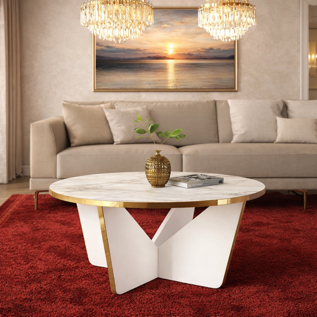 Masuta de Cafea Rotunda cu Blat Aspect Marmura | Baza Geometrica Alb-Auriu | 75x75x35 cm