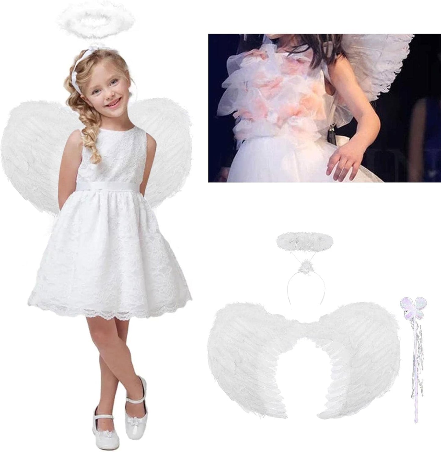 Promo 1+1 Gratuit | Aripi De Inger Pentru Copii | Alb | Puf + Glitter | Prindere Cu Elastic | Include Aureola