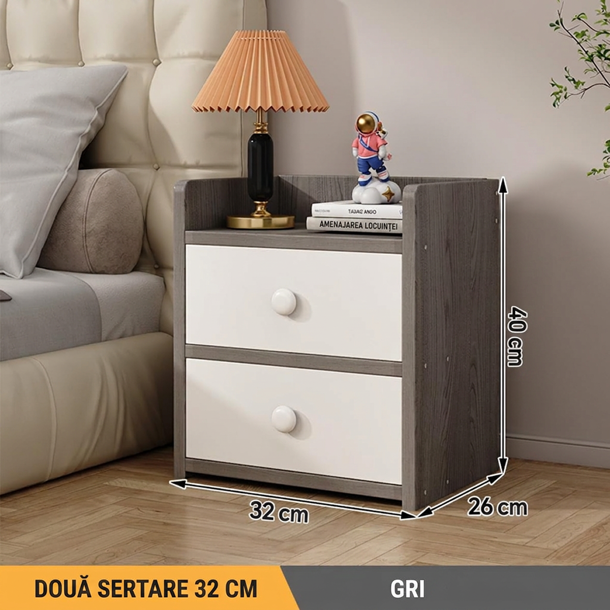 Noptiera Moderna cu 2 Sertare | Design Gri cu Sertare Albe | Compacta | 40x26x32 cm