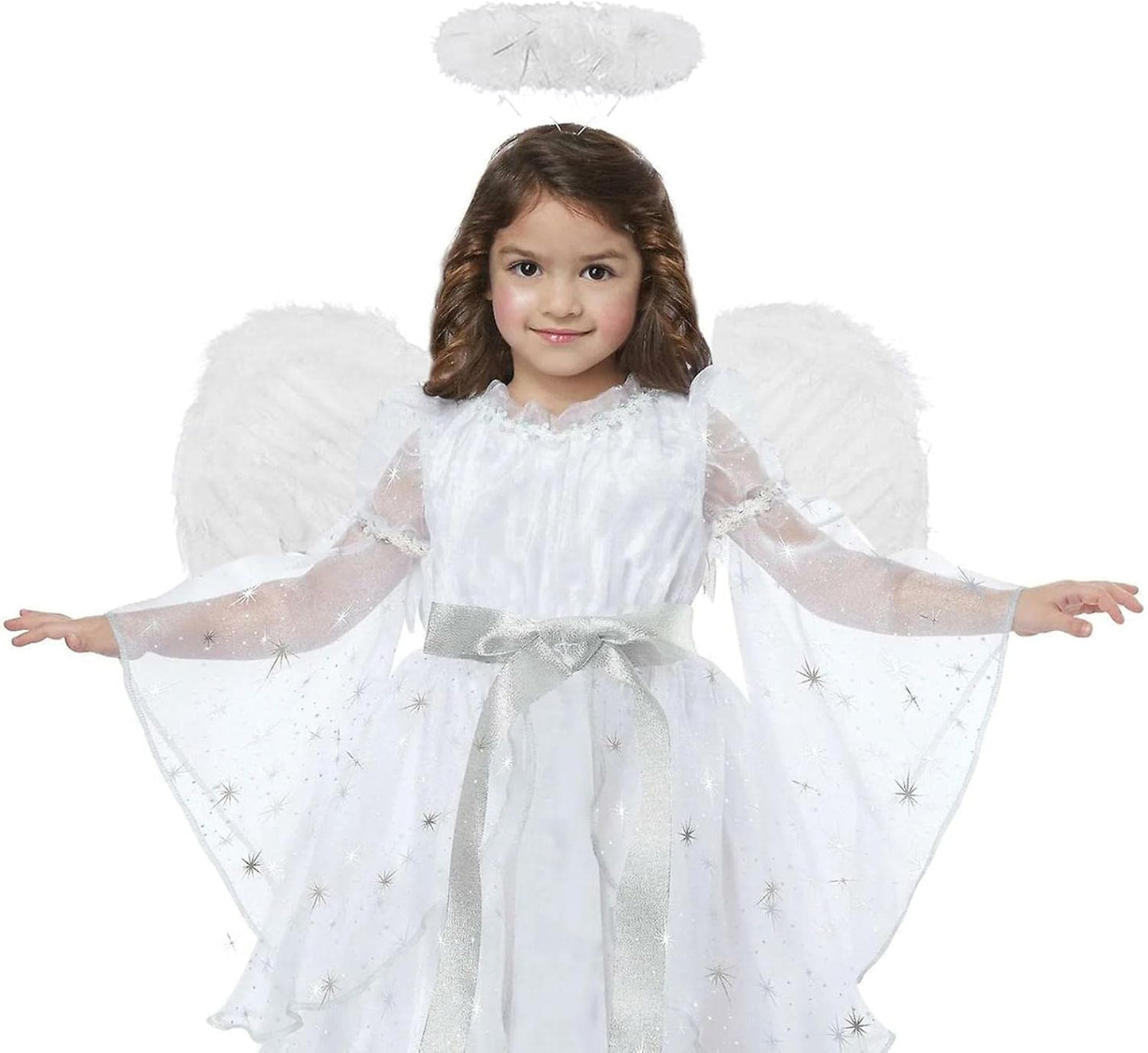 Promo 1+1 Gratuit | Aripi De Inger Pentru Copii | Alb | Puf + Glitter | Prindere Cu Elastic | Include Aureola