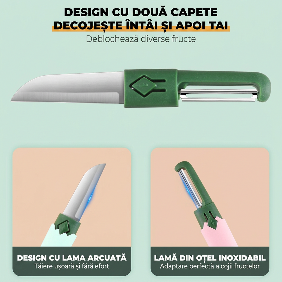 Cutit si Decojitor 2 in 1 pentru Fructe si Legume | Otel Inoxidabil 420 | Lama Dubla | Capac de Protectie