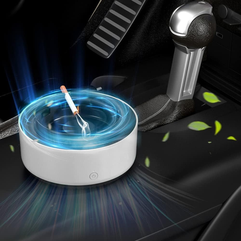 Scrumiera Electrica cu Aspiratie 360° | Ioni Negativi | Filtru cu Carbon Activ | Oprire Automata | 2 Baterii AA | Alba