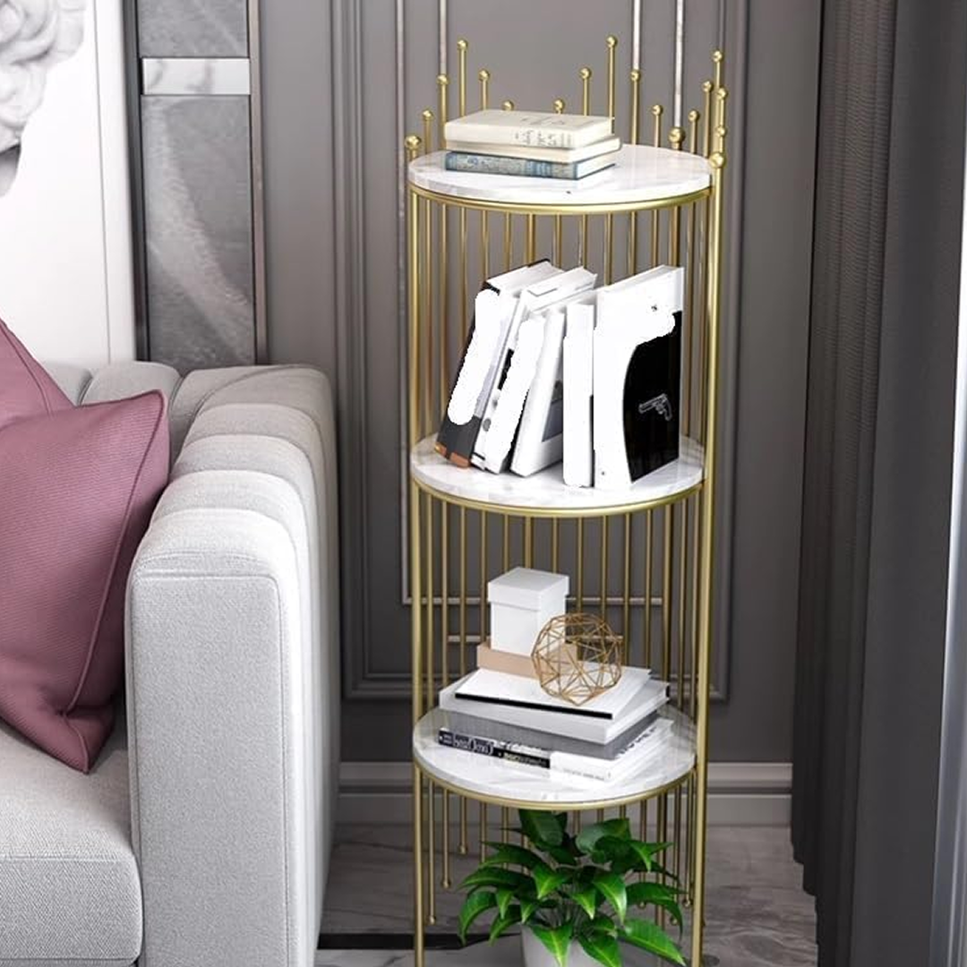 Etajera de Colt cu 4 Niveluri | Cadru Metal Auriu | Rafturi Aspect Marmura | Freestanding | 32x32x95cm | Living Dormitor Birou