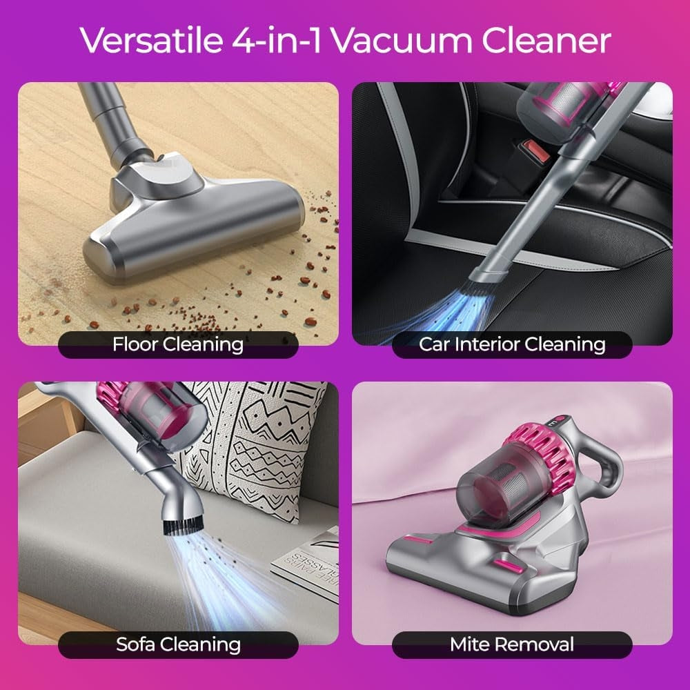 Aspirator Vertical fără Fir 4 în 1, 8500 Pa, cu Lumină UV Anti-Acarieni și Filtru HEPA