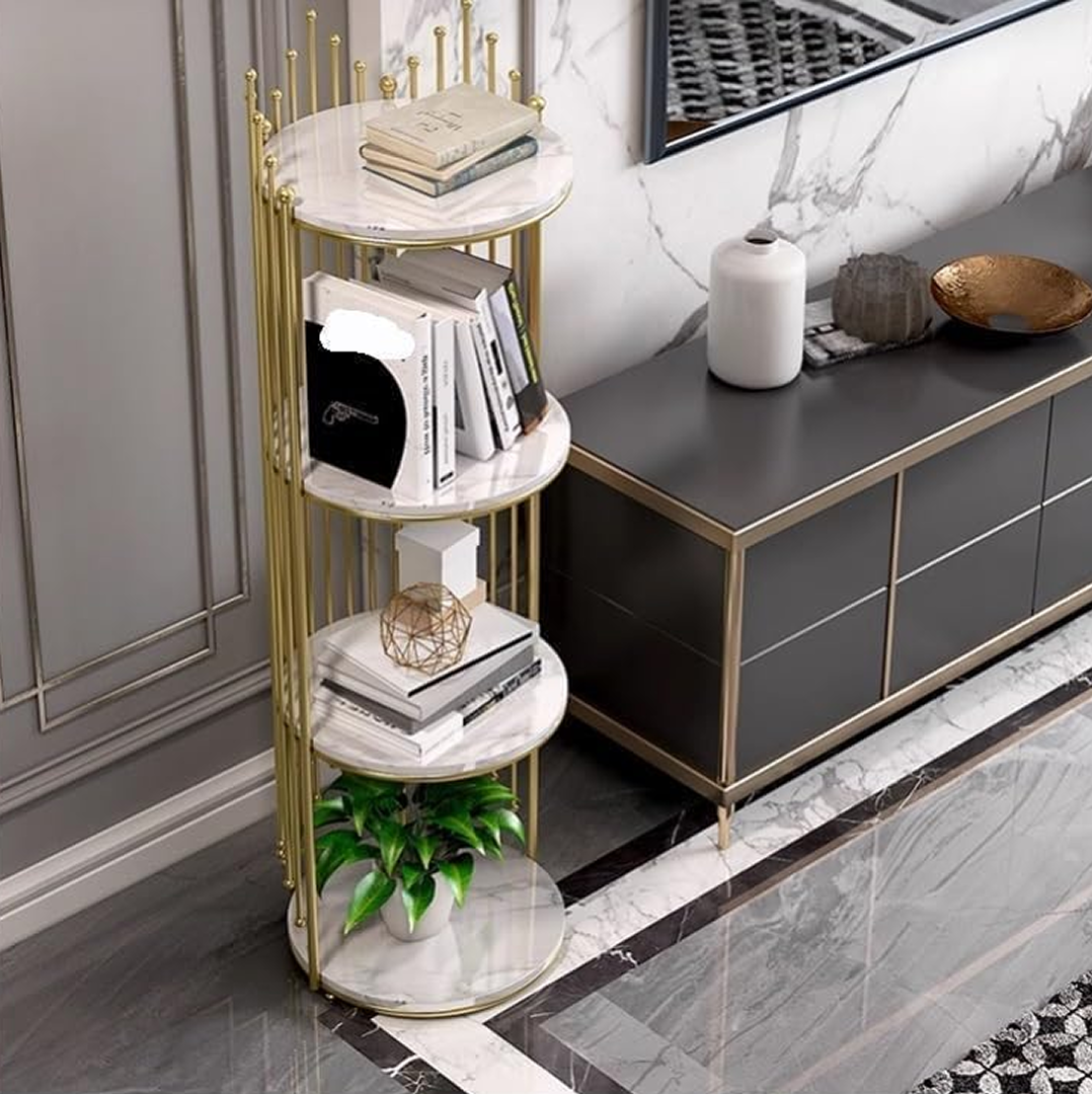 Etajera de Colt cu 4 Niveluri | Cadru Metal Auriu | Rafturi Aspect Marmura | Freestanding | 32x32x95cm | Living Dormitor Birou