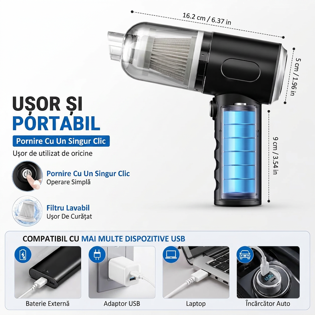 Aspirator Auto Portabil 3 in 1 | 12000Pa | Fara Fir | Aspirare + Suflare + Curatare | USB Reincarcabil | Filtru HEPA | Umed si Uscat