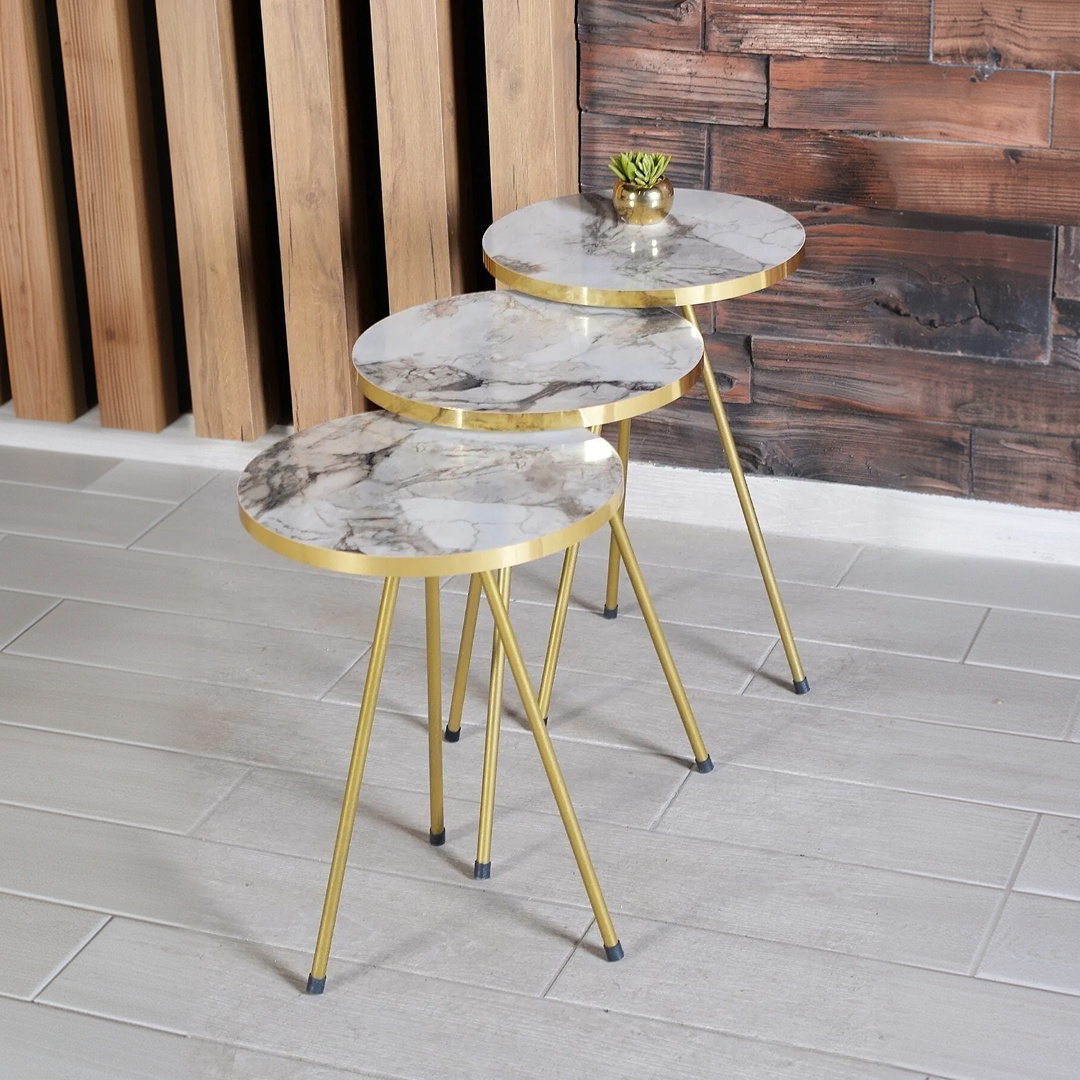 Set 3 Mese Cafea Rotunde Suprapozabile | Alb si Auriu | Cadru Metalic Rezistent | Design Compact