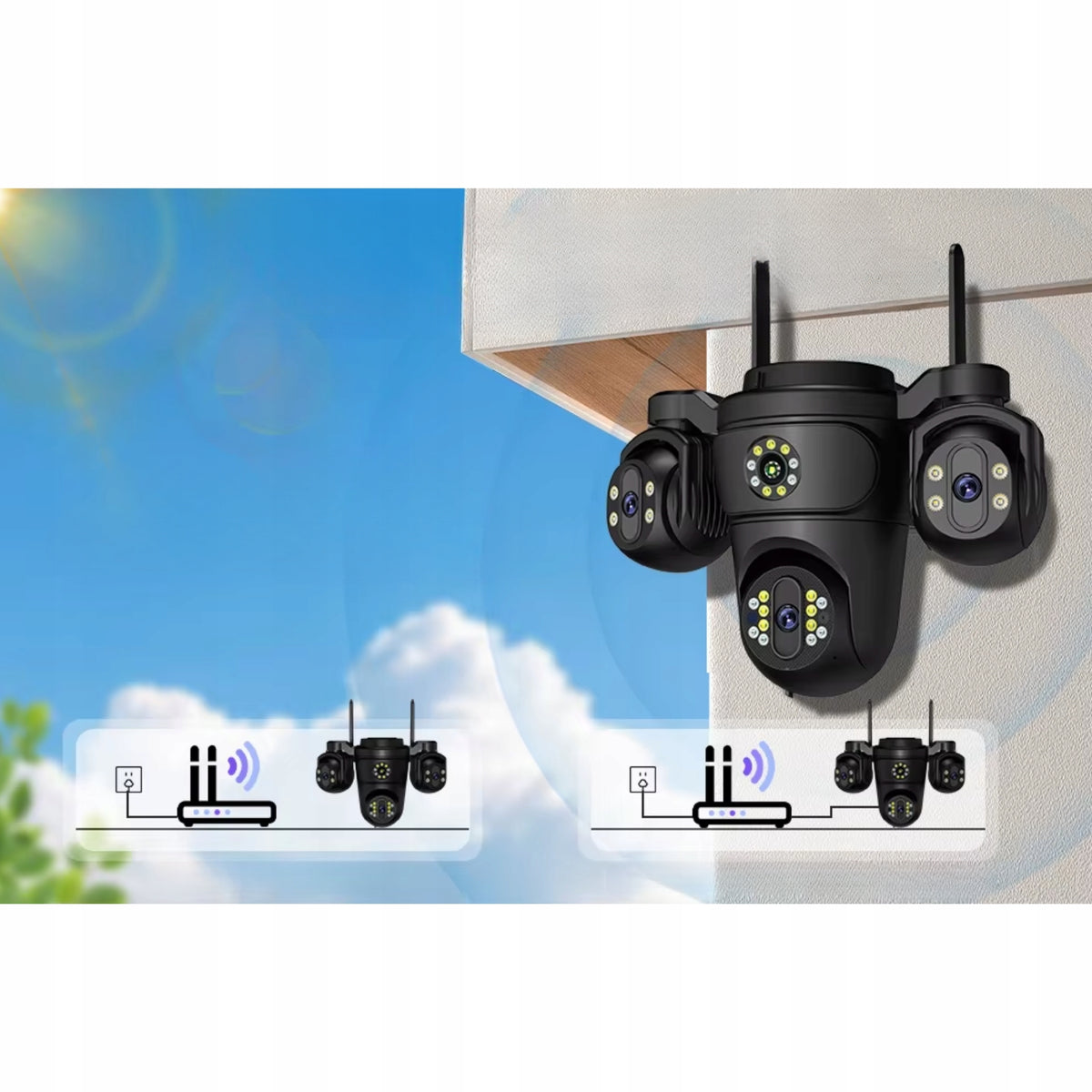 Cameră de Supraveghere WiFi Exterior cu 3 Obiective, 15MP, PTZ 355°, Urmărire AI, IP66