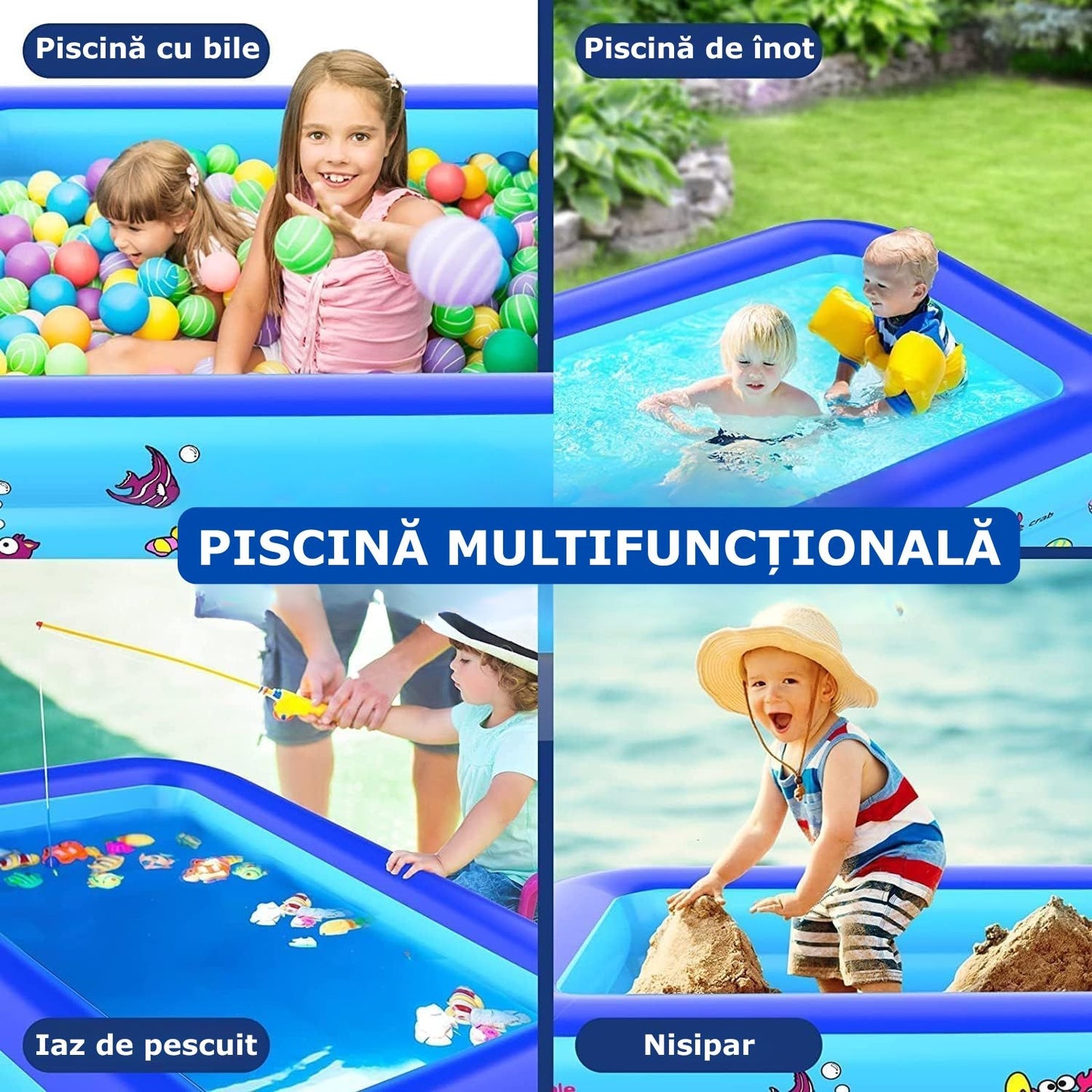 Piscina Gonflabila Albastra | 3 Inele Rezistente | 260 x 170 x 56 cm | Pentru Curte, Gradina si Activitati in Aer Liber