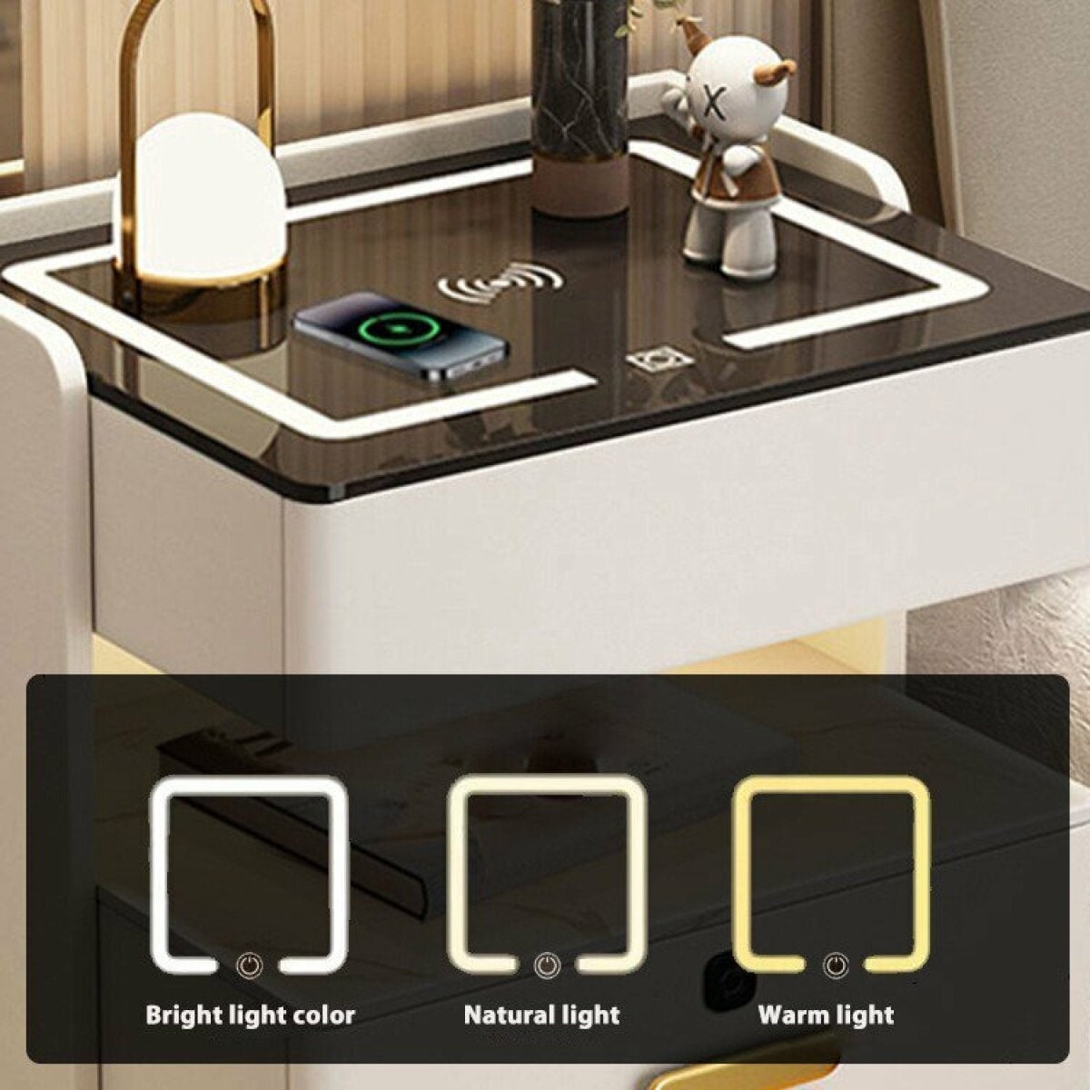 Noptieră Smart Maro cu 3 Sertare, Încărcare Wireless 15W și LED în 3 Culori