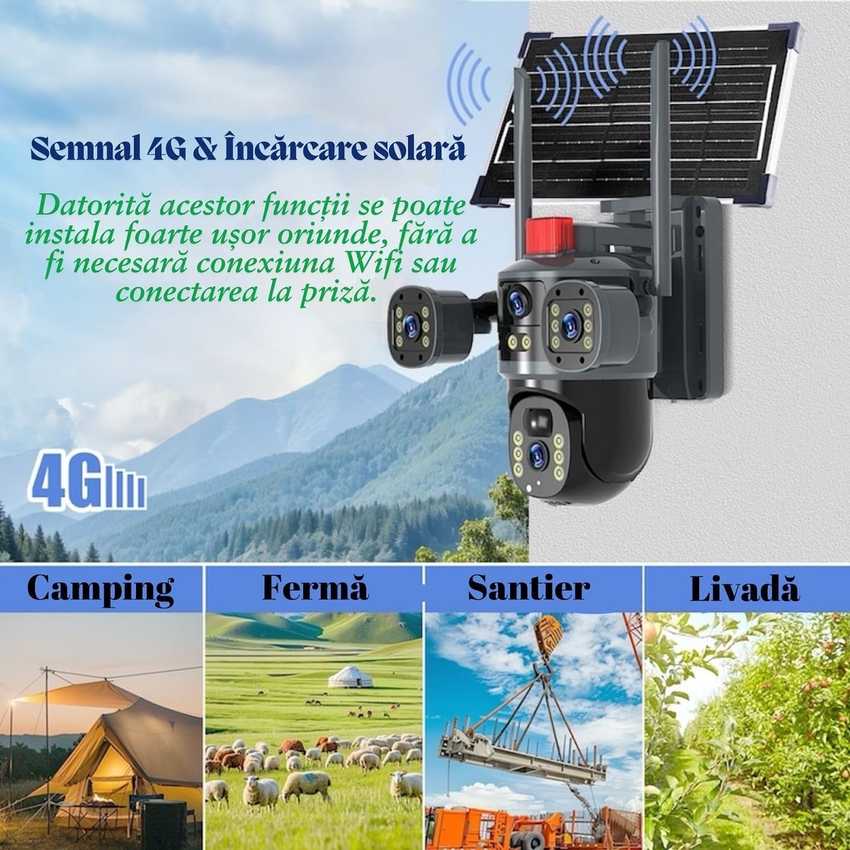 Cameră Solară 4G LTE cu 3 Obiective, 9MP, PTZ, Zoom 10x, IP66 + Card de Memorie Cadou