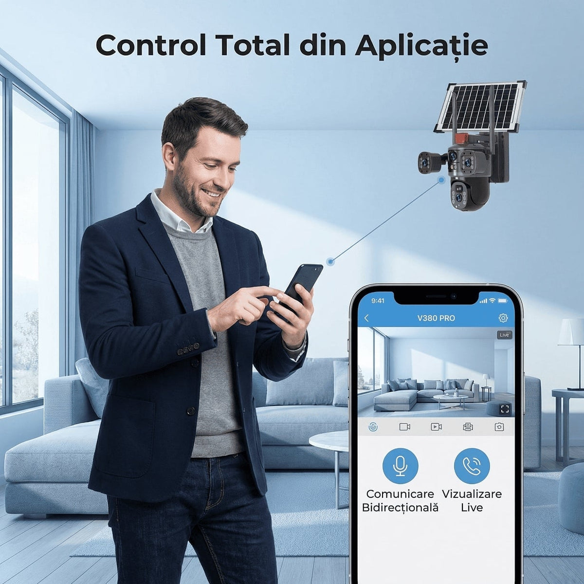 Cameră Solară 4G LTE cu 3 Obiective, 9MP, PTZ, Zoom 10x, IP66 + Card de Memorie Cadou