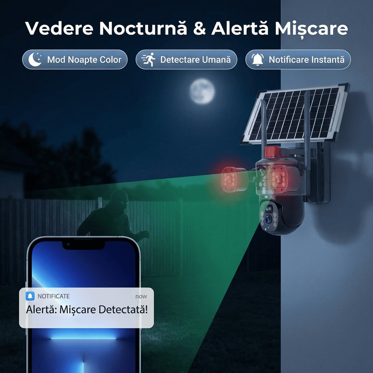 Cameră Solară 4G LTE cu 3 Obiective, 9MP, PTZ, Zoom 10x, IP66 + Card de Memorie Cadou