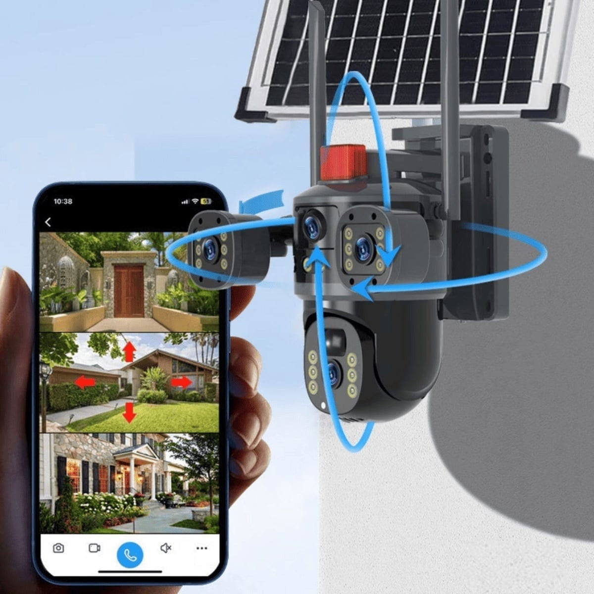Cameră Solară 4G LTE cu 3 Obiective, 9MP, PTZ, Zoom 10x, IP66 + Card de Memorie Cadou