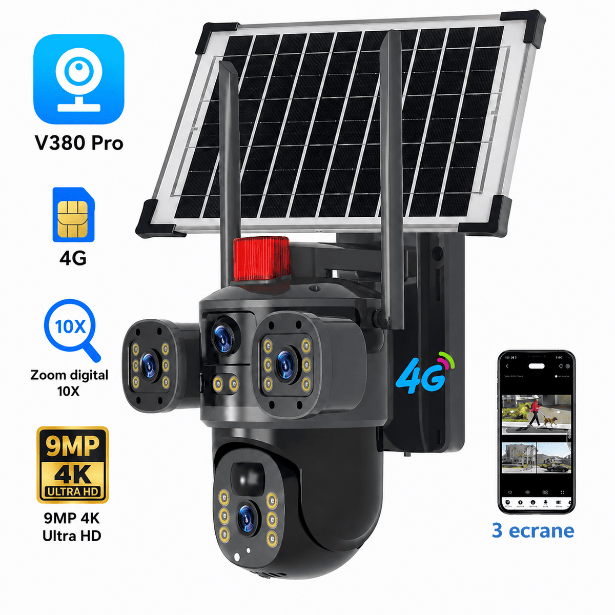 Cameră Solară 4G LTE cu 3 Obiective, 9MP, PTZ, Zoom 10x, IP66 + Card de Memorie Cadou
