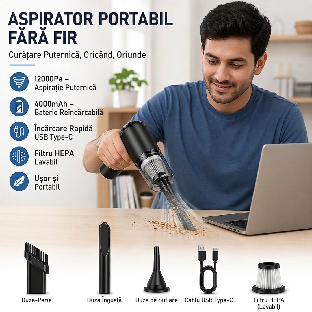 Aspirator Auto Portabil 3 in 1 | 12000Pa | Fara Fir | Aspirare + Suflare + Curatare | USB Reincarcabil | Filtru HEPA | Umed si Uscat