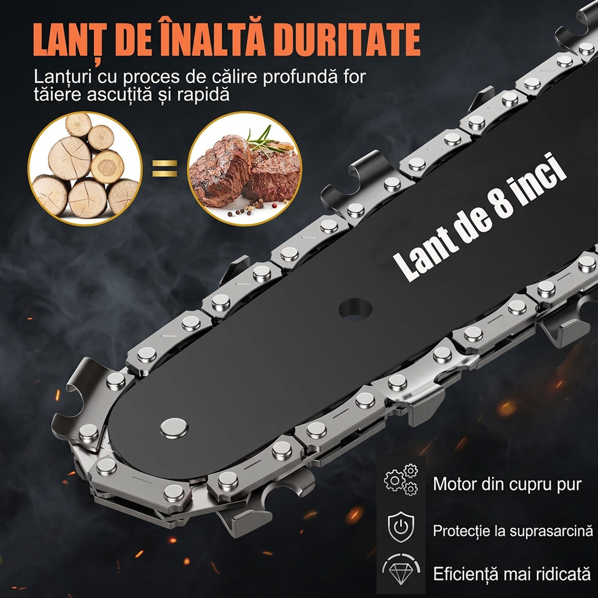 Mini Drujbă cu Acumulator, Lamă 8 inch, 2 Acumulatori 48V, 2 Lanțuri, Kit în Valiză