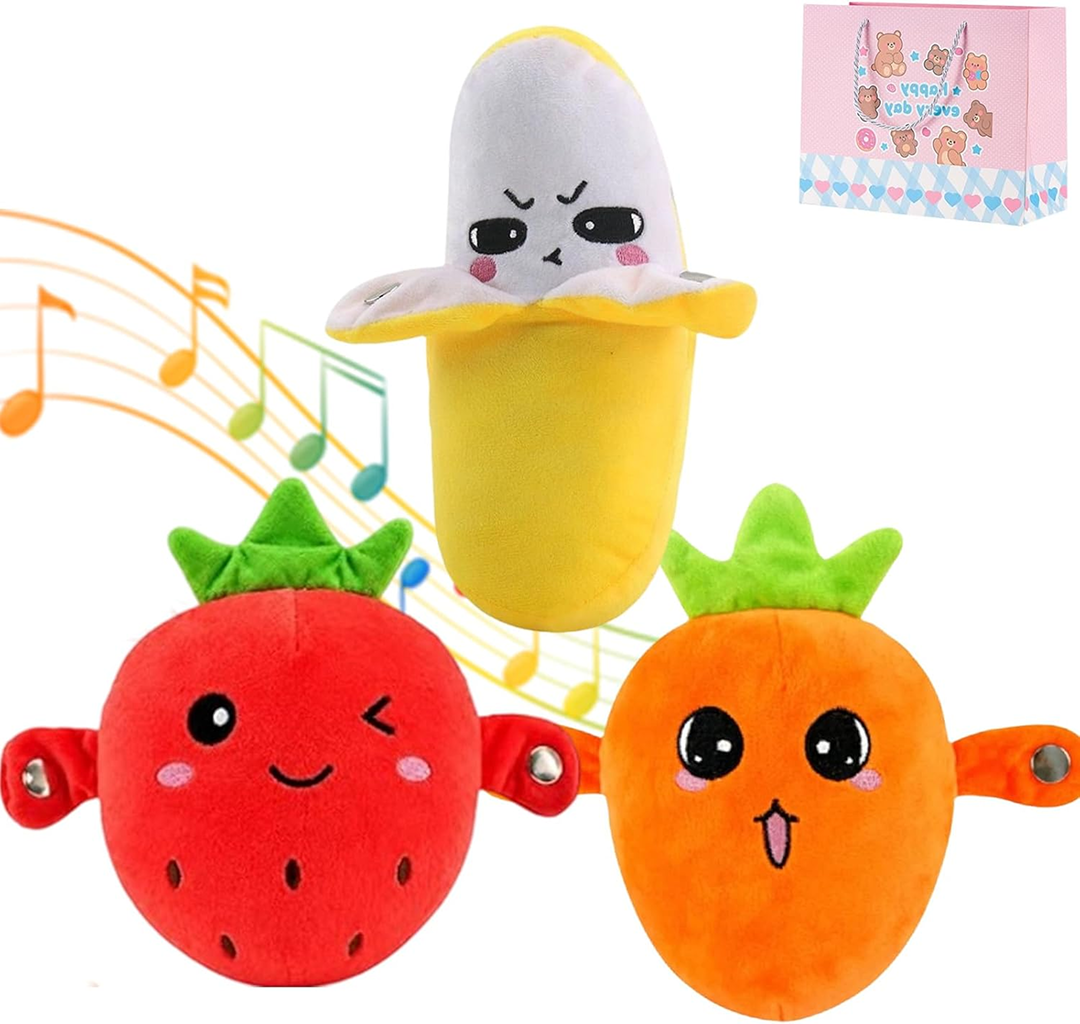 Set 3 Jucării Muzicale din Pluș pentru Bebeluși: Banană, Căpșună și Morcov