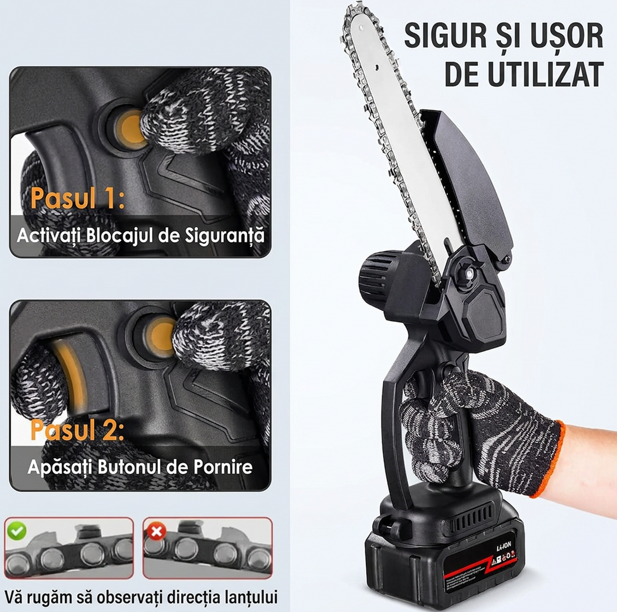 Mini Drujbă cu Acumulator, Lamă 6 inch, 2 Acumulatori 48V, 2 Lanțuri, Kit în Valiză