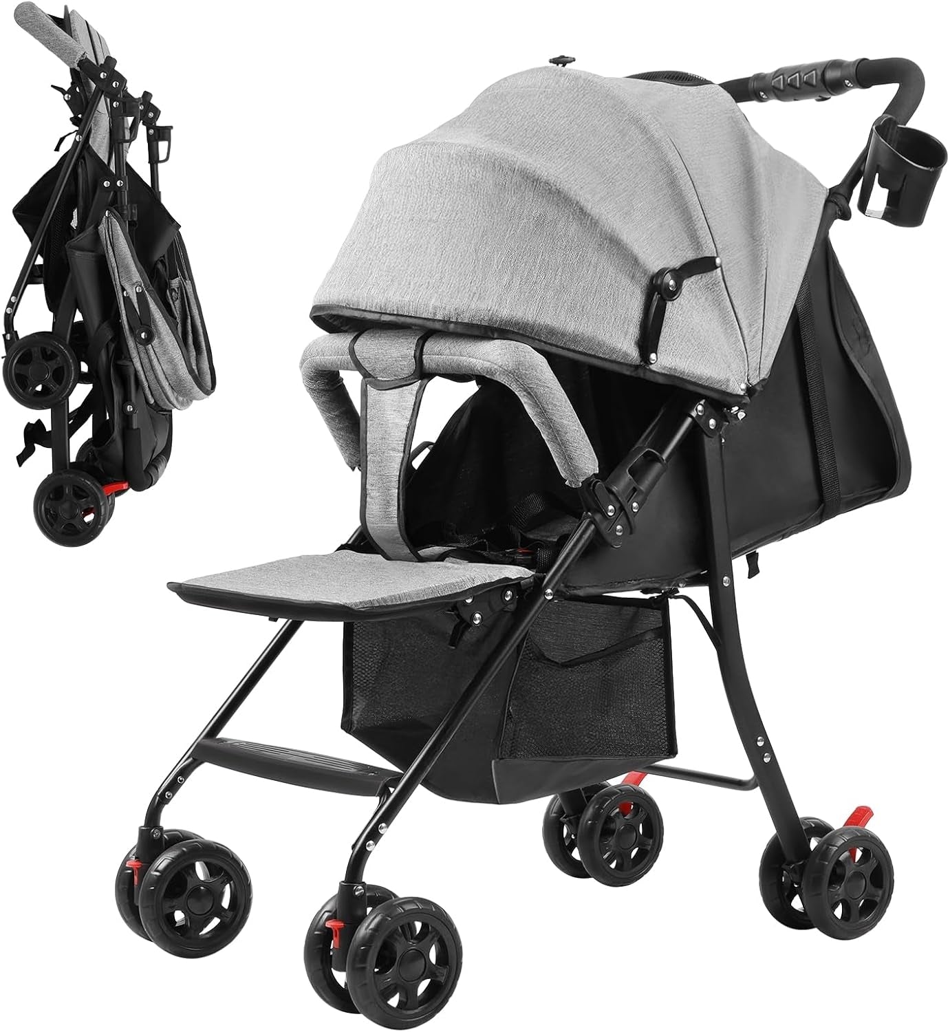 Carucior Bebe Pliabil Ultra Usor 4.2kg | Spatar Reglabil 95-175° | Centura 5 Puncte | Copertina Extensibila | Roti 360° | Cos Depozitare